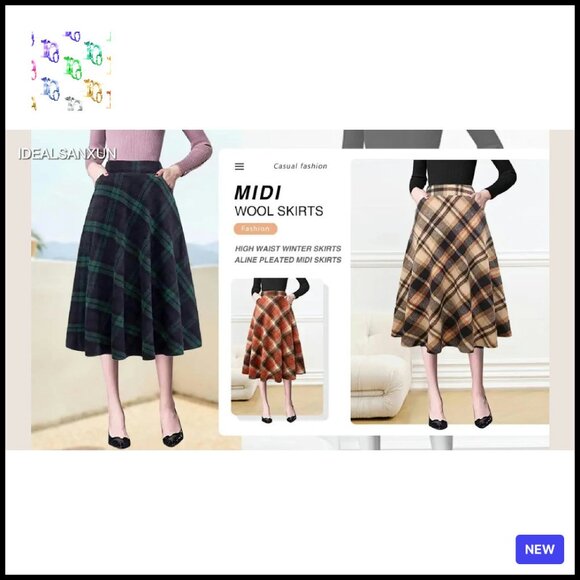 Woolen Plaid A-Line Midi Skirt High Waisted Pleated Classic Fall Winter Chic - Picture 6 of 6